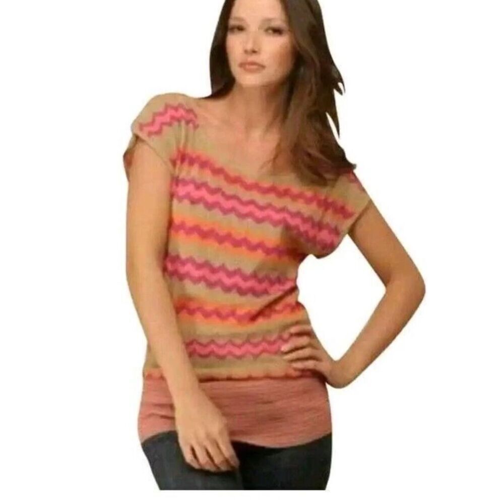 Free People Sweater Womens XS Wool Blend Tan Pink Chevron Pullover Short Sleeve